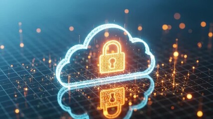 A glowing cloud symbol with a padlock representing digital security and data protection set against a futuristic grid background with sparkling particles ideal for technology-related content - Powered by Adobe