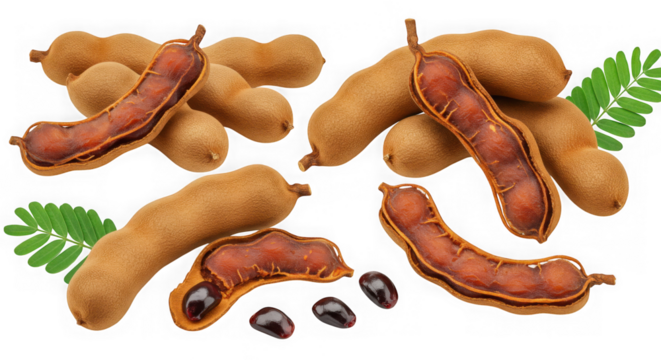 Freshly harvested tamarind pods with seeds and leaves isolated on transparent background