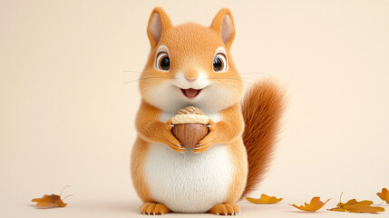 Adorable Cartoon Squirrel Holding an Acorn with a Big Smile on Its Face