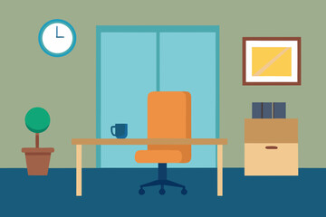 Modern office interior with desk chair and plant