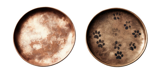 Two circular, rustic-toned plates, featuring paw prints