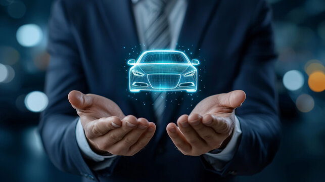 Businessman holding a holographic car representing the future of automotive technology