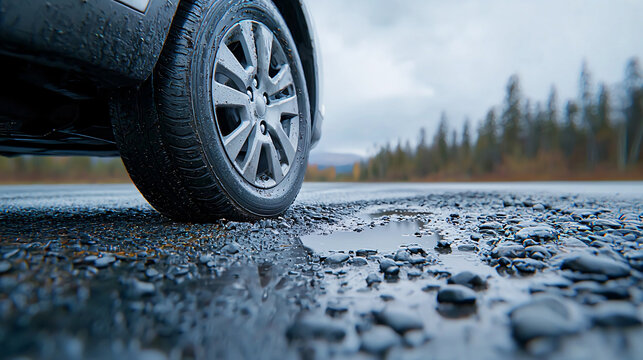 Car Tire on a Gravel Road with Puddles on an Overcast Day - Powered by Adobe
