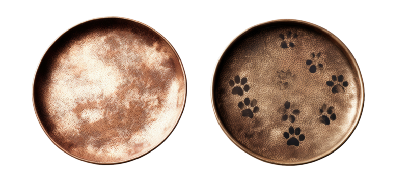 Two circular, rustic-toned plates, featuring paw prints