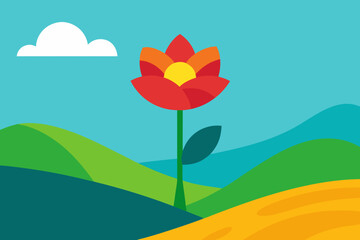 Stylized flower blooms in a vibrant landscape under a cloudy sky