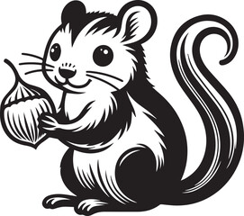 Adorable mouse holding nut in black and white illustration for children's book or logo design