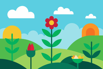 Fototapeta premium Stylized landscape with flowers sun clouds and a tent