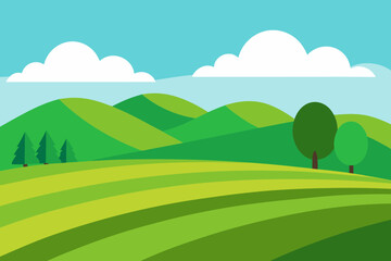 Obraz premium Stylized green rolling hills and fields under a blue sky with clouds