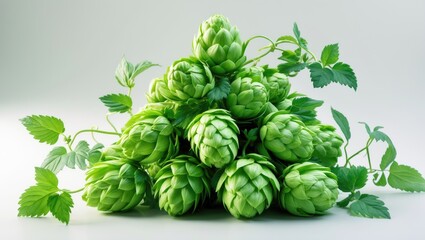 Fototapeta premium Green hops with leaves, fresh and vibrant, arranged in a cluster on a white background.