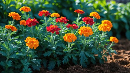 Colorful marigold flowers in a garden with green foliage and rich soil. Bright and vibrant flowering plants. Gardening and floral beauty. The concept of gardening and floral cultivation