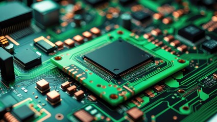 Obraz premium Close-up of a microprocessor on a circuit board, highlighting technological components and electronics.