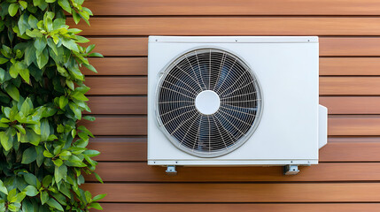 Air conditioning unit on wooden wall with green leaves, offering a blend of modern comfort and natural aesthetics.