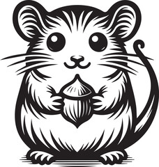 Adorable mouse holding nut in black and white illustration for children's book or logo design