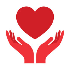Gentle embrace of a red heart held by two caring hands in a flat design style