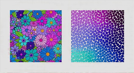 Floral & Abstract Dual Panel Design: Colorful Botanical Blooms with Petal Diversity Beside Gradient Dotted Texture in Purple & Teal for Creative Backgrounds and Textile Inspiration