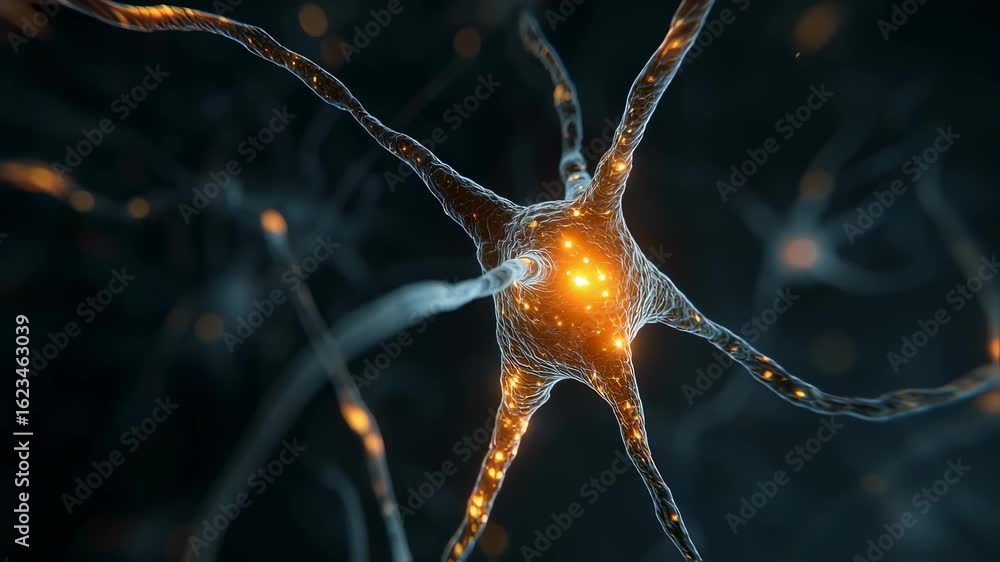 Poster abstract representation of central nervous system synapses with glowing serotonin molecules flickeri