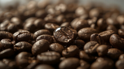 Fototapeta premium Photorealistic Macro Shot of Freshly Roasted Coffee Beans with a Single Reflective Water Droplet - Perfect for Coffee
