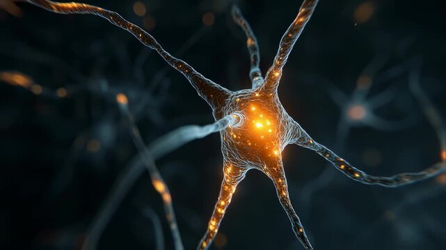 Abstract representation of central nervous system synapses with glowing serotonin molecules flickering unpredictably to depict neurological imbalance.