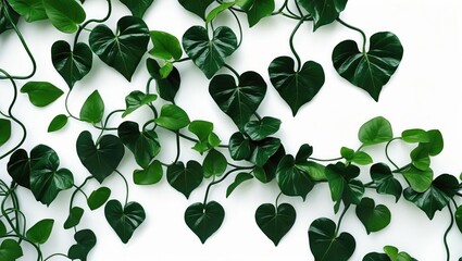 Green heart-shaped leaves and vines on a white background.