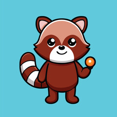 Fototapeta premium Cute raccoon character smiles with an orange ball on light blue background