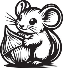 Adorable mouse holding nut in black and white illustration for children's book or logo design