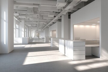Empty modern office space, bathed in sunlight