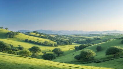 Obraz premium Lush green hills and trees in rolling landscape during daytime with clear sky