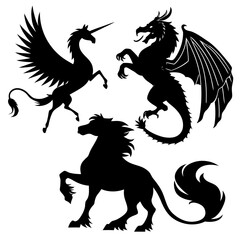 Fototapeta premium Mythical creature silhouette bundle – unicorn, dragon, phoenix, griffin, pegasus – fantasy black shape vector pack