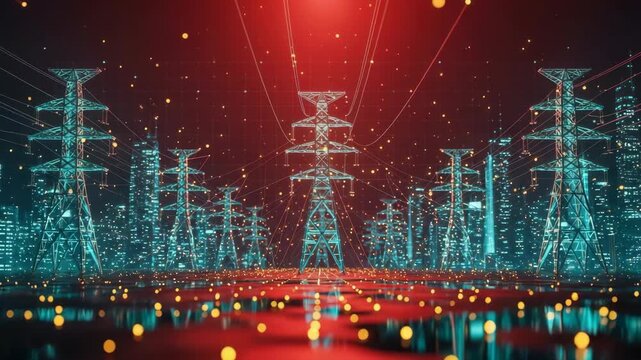 A futuristic landscape showcasing electric power towers amidst a vibrant city skyline illuminated by glowing lights and digital data streams symbolizing advanced technology and urban energy