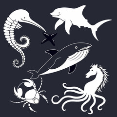 Fototapeta premium Aquatic animal silhouette pack – dolphin, shark, whale, octopus, crab, seahorse – underwater creatures in black