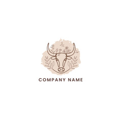 Elegant Organic Farm Logo with Floral Bull Line Art – Eco Nature Emblem