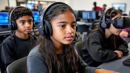 Engaged students explore digital learning through computer technology and virtual reality - Powered by Adobe