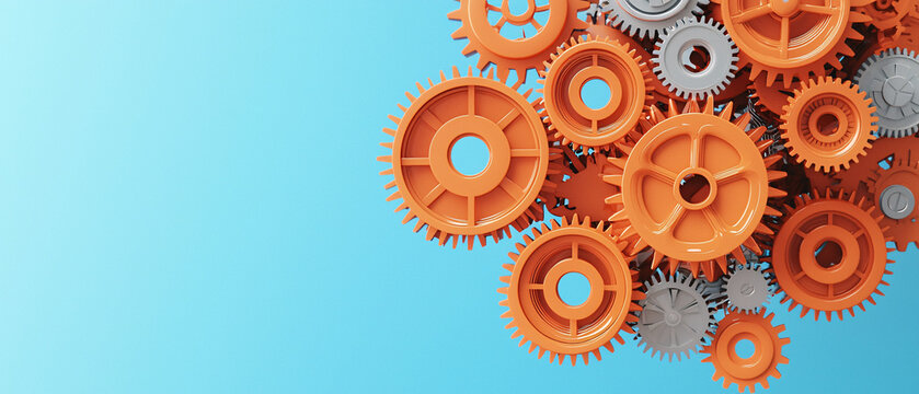 Orange Gears on Blue Background Conceptual Illustration of Teamwork and Collaboration
