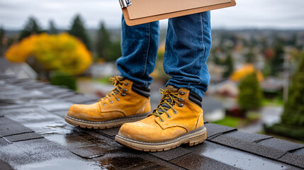 Roofer in work boots inspecting a roof on a cloudy day