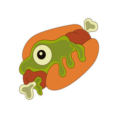 Creepy zombie hot dog with eyeball and dripping slime. Halloween kawaii style, green goo and bones. Fun grotesque food on transparent background.