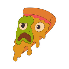 Kawaii zombie pizza slice with melting cheese and terrified face. Orange crust, green goo and eyes. Funny spooky food for Halloween.