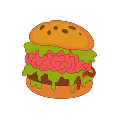 Brain burger with worm and green slime. Kawaii zombie fast food with creepy filling and orange bun. Cute horror Halloween clipart.