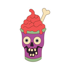 Zombie milkshake in purple skull cup with red brain topping and cartoon bone. Halloween kawaii horror drink, perfect for spooky party art, monster recipes, and creepy cute beverage projects.