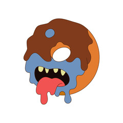 Blue zombie donut with chocolate glaze, yellow teeth, and red tongue. Halloween kawaii food with creepy expression and melted icing, ideal for weird, funny, and spooky-themed designs