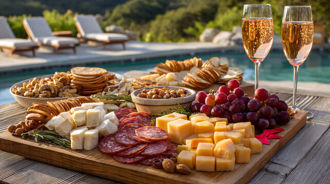 Elegant charcuterie board with cheese salami crackers nuts and grapes by the pool - Powered by Adobe