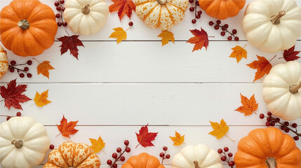 Flat lay composition of white and orange pumpkins, colorful autumn leaves, and berries arranged on a white wooden background. Ideal for seasonal themes, Thanksgiving, and fall decorations.