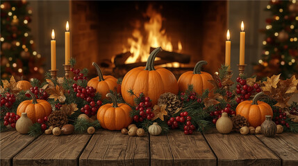Cozy autumn scene with pumpkins, berries, pine cones, and candles arranged on a rustic wooden table in front of a fireplace. Warm and festive, perfect for Thanksgiving and fall holiday ambiance.