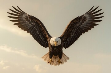 Bald eagle descending, wings spread, sunset sky, freedom concept