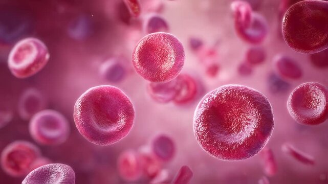 Scientific animation depicting the abnormal size and shape of red blood cells with pastel pink radiance representing folatedeficiency anemia effects.