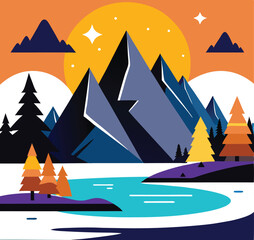 Evening mountains with a bright sun shining over a scenic lake and forest