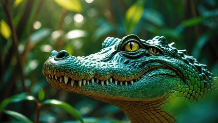 Fototapeta premium Close-up of a crocodile's head among green foliage, showing detailed scales and sharp teeth. Wildlife and nature, animal life, predator, natural habitat.