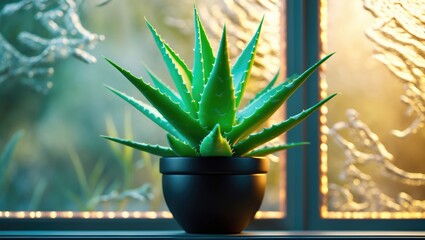 Aloe Vera plant in a black pot on a windowsill with sunlight streaming in.