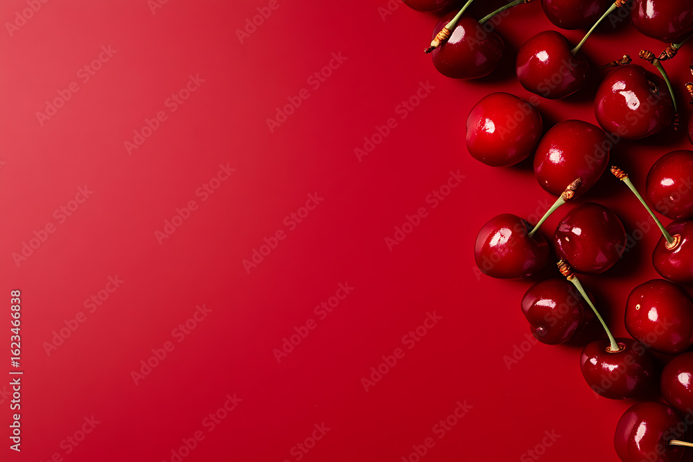 Poster red cherries on a vibrant crimson backdrop, creating a visually appealing composition. freshness and