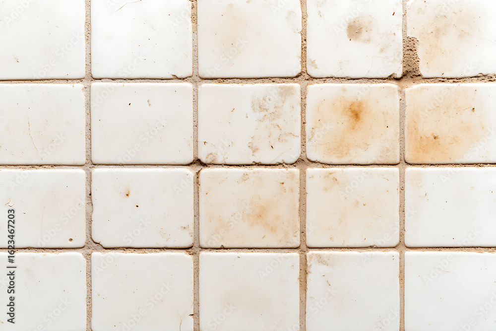 Poster close up of a grid of aged square tiles. the tiles are primarily white with stains, and surrounded b