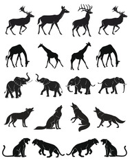 Wild Animal Vector Silhouettes Set – Deer, Giraffe, Elephant, Wolf, Tiger Icons Collection